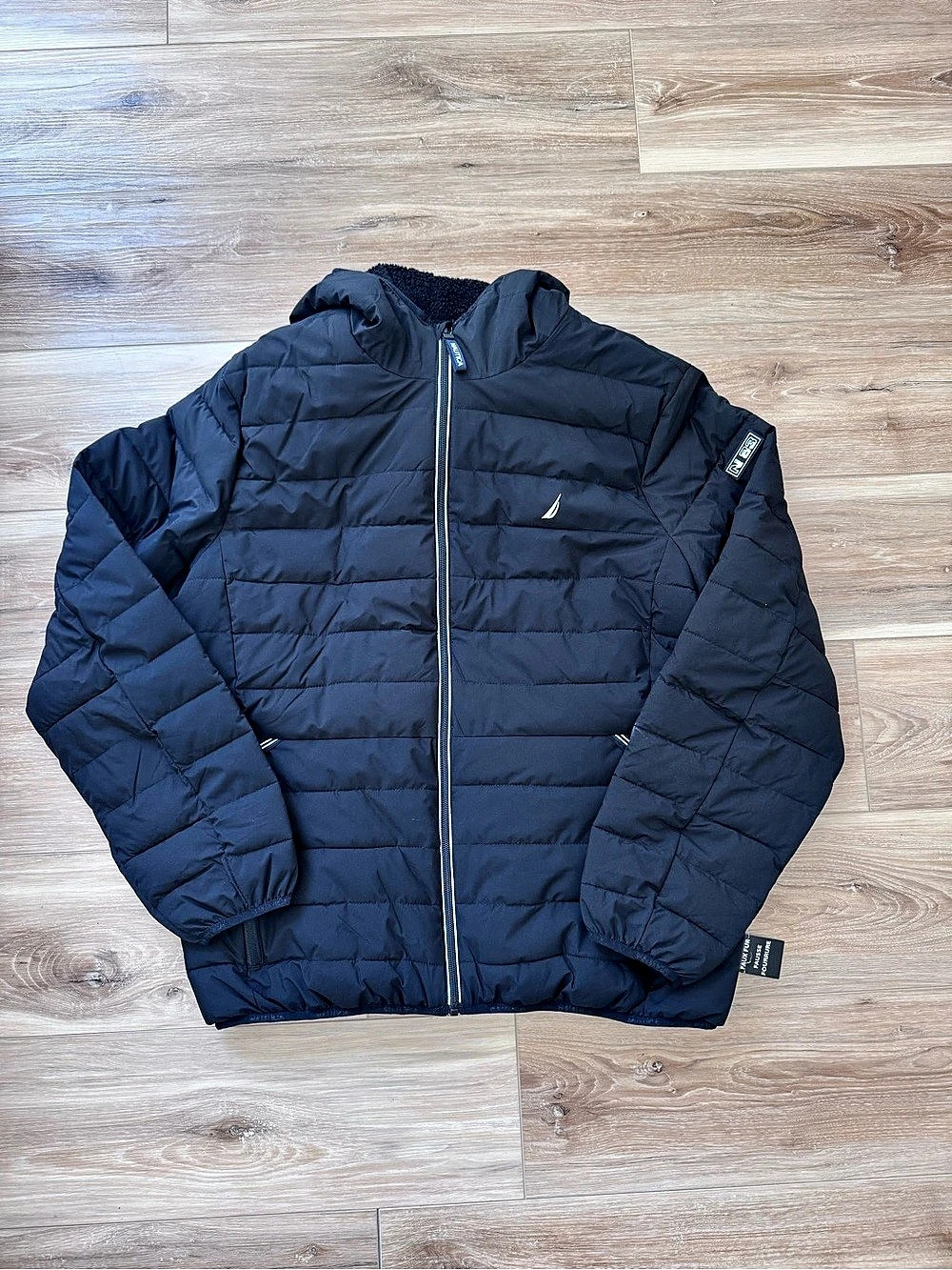 Nautica Men’s Size Large Black Hooded Puffer Jacket – Midweight Quilted Winter C